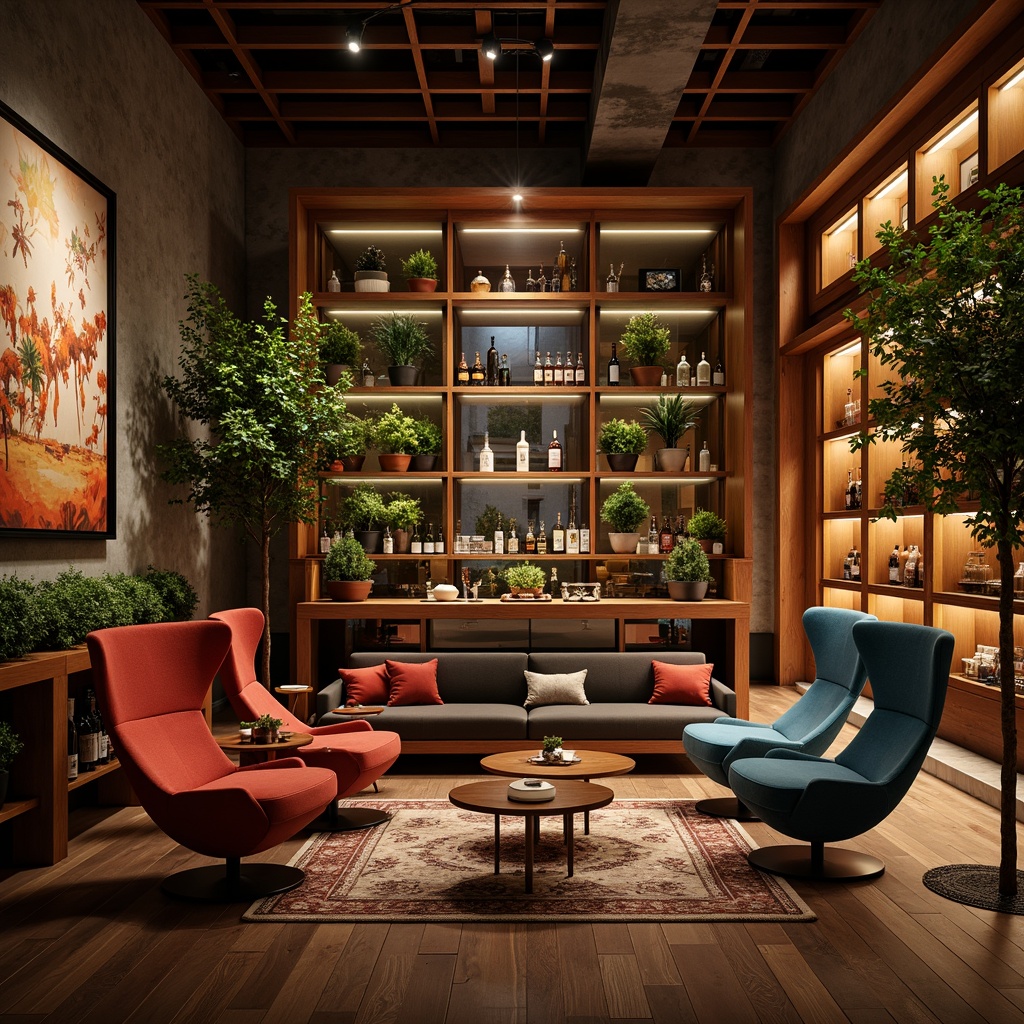 Prompt: Rich wooden accents, warm ambient lighting, sophisticated lounge chairs, luxurious velvet fabrics, metallic barware, sleek glass shelves, vibrant greenery, statement artwork, earthy terracotta tones, deep blues, rich golds, creamy whites, rustic wooden floors, industrial metal beams, natural stone walls, moody atmospheric lighting, dramatic shadows, cinematic composition.