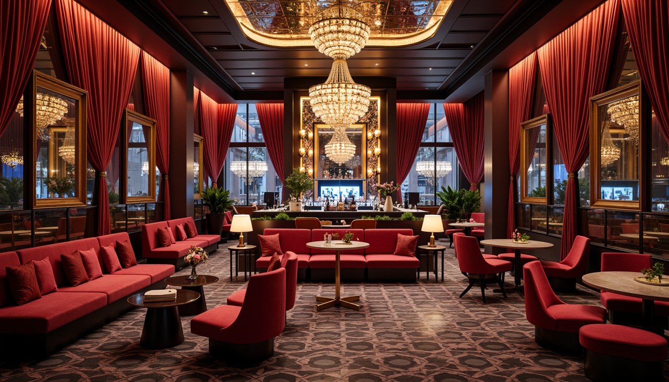 Prompt: Luxurious nightclub, Art Deco inspired interior, metallic accents, velvet drapes, ornate mirrors, geometric patterns, bold colors, glamorous chandeliers, curved sofas, tufted upholstery, chrome-plated coffee tables, sleek bars, neon lights, dimmable ambient lighting, 3/4 composition, shallow depth of field, cinematic atmosphere.