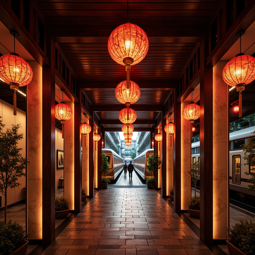 Prompt: \Traditional Asian lanterns, warm soft lighting, natural wood accents, cultural patterns, vibrant red colors, intricate tile work, bustling city atmosphere, modern sleek trains, curved architecture, grand entrance halls, high ceilings, ornate chandeliers, subtle ambient glow, 1/1 composition, symmetrical framing, realistic reflections, warm color temperatures, shallow depth of field.\