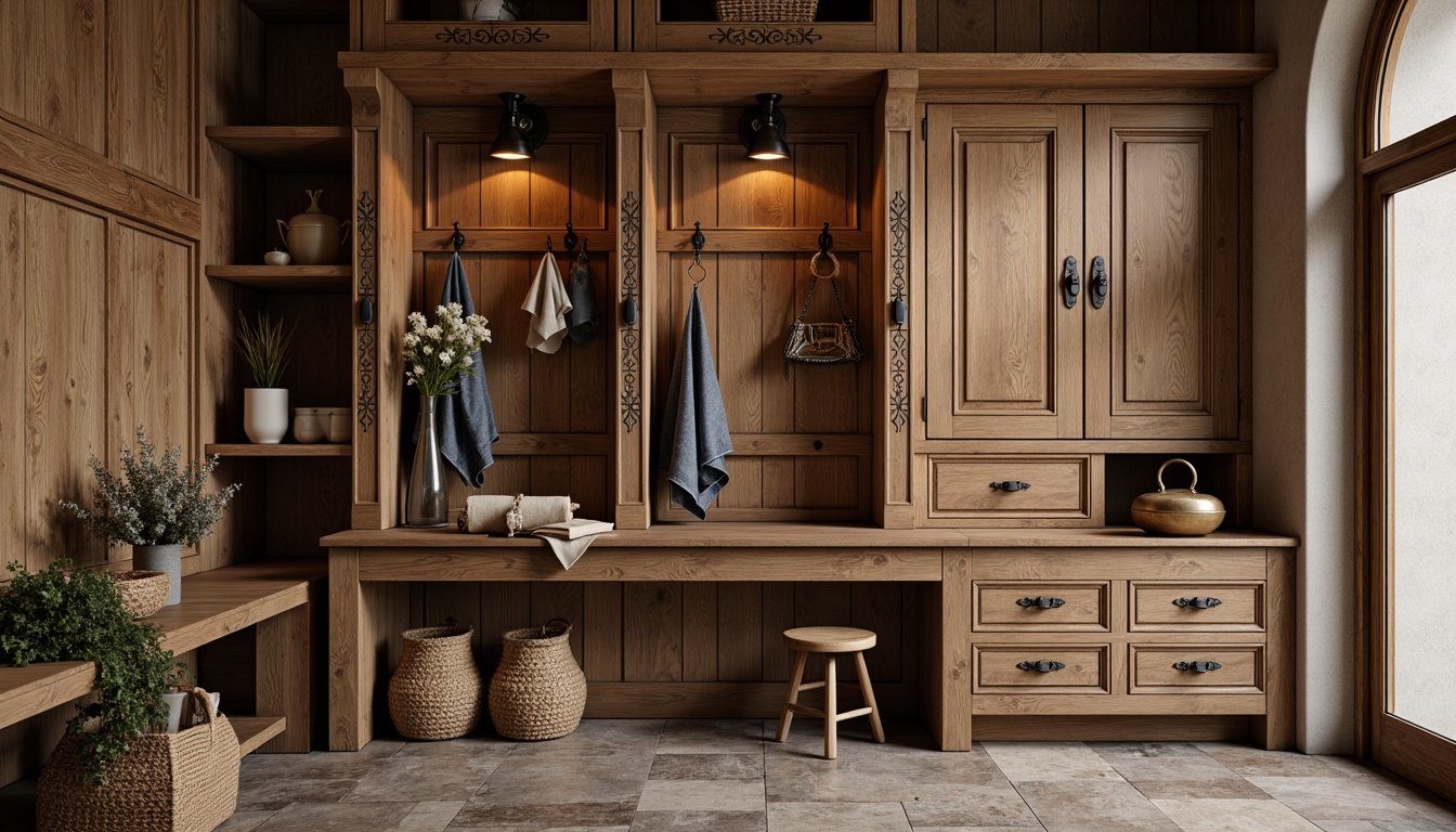 Prompt: Rustic mudroom, renaissance-style cabinetry, rich wood tones, ornate metal hardware, decorative carvings, distressed finishes, natural stone flooring, woven baskets, vintage-inspired accessories, earthy color palette, warm soft lighting, shallow depth of field, 1/1 composition, realistic textures, ambient occlusion.