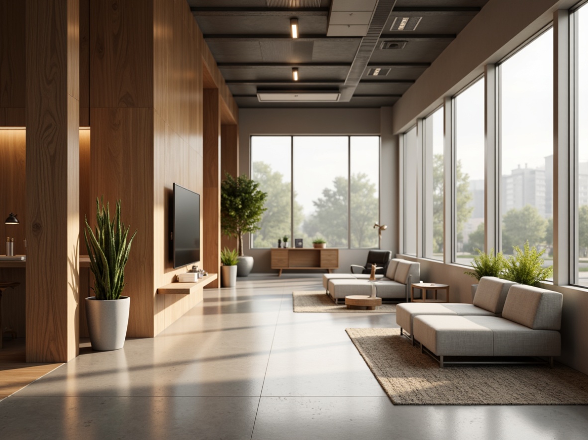 Prompt: Professional corporate office, calm atmosphere, muted color palette, warm beige tones, rich wood accents, sleek metal fixtures, modern minimalist furniture, abundant natural light, soft diffused lighting, 1/1 composition, realistic textures, subtle shading, gentle bokeh effect.