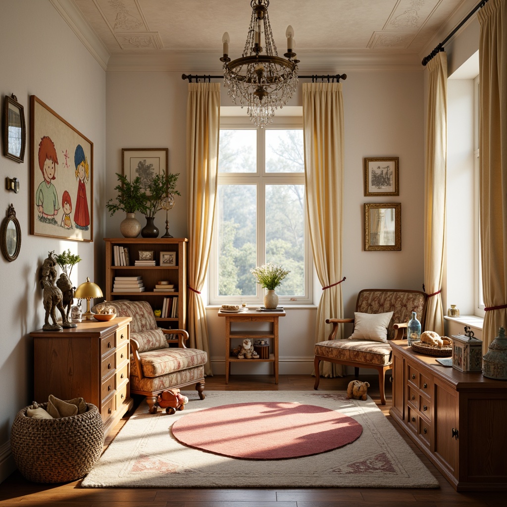 Prompt: Whimsical kid's room, vintage Victorian era inspiration, soft warm glow, ornate metal chandeliers, delicate crystal pendants, creamy white walls, rich wood accents, plush area rugs, playful toy displays, colorful wall art, antique furniture pieces, distressed finishes, cozy reading nooks, sparkly string lights, warm beige curtains, gentle lamp shades, 1/2 composition, soft focus, warm color tones, inviting atmosphere.