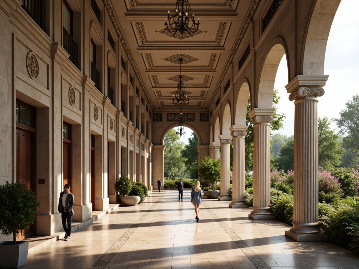 Prompt: Intricate Corinthian columns, ornate capital decorations, acanthus leaf carvings, fluted pilasters, curved archways, grand entrance facades, polished marble floors, elegant chandeliers, symmetrical layout, lush greenery, blooming flowers, natural stone pathways, soft warm lighting, subtle shading, 1/1 composition, realistic textures, ambient occlusion.