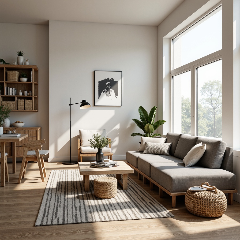 Prompt: Light-filled living room, minimalist decor, Nordic-inspired furniture, wooden accents, natural textiles, woven baskets, geometric patterns, monochromatic color scheme, cozy atmosphere, warm lighting, comfortable sofas, sleek coffee tables, modern floor lamps, industrial-chic metal legs, rustic wooden shelves, airy open space, 3/4 composition, soft focus, realistic textures, ambient occlusion.