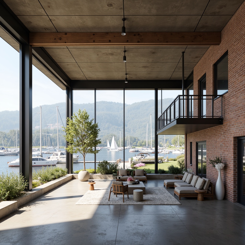 Prompt: Waterfront location, boathouse structure, open floor plan, minimalist interior, industrial chic decor, exposed brick walls, polished concrete floors, floor-to-ceiling windows, sliding glass doors, panoramic lake views, nautical-themed accents, reclaimed wood furniture, modern Bauhaus architecture, flat roof design, cantilevered upper level, natural light pouring in, airy atmosphere, shallow depth of field, 1/1 composition, realistic textures, ambient occlusion.