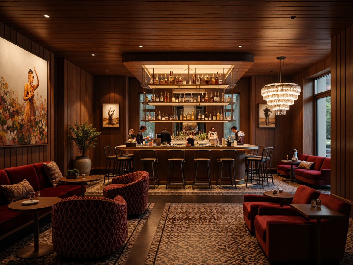 Prompt: Expressive bar interior, rich wood tones, luxurious velvet fabrics, metallic accents, dramatic lighting, geometric patterns, abstract artwork, eclectic furniture, curved lines, ornate details, lavish chandeliers, warm ambient glow, shallow depth of field, 1/2 composition, cinematic view, realistic textures, subtle grain.