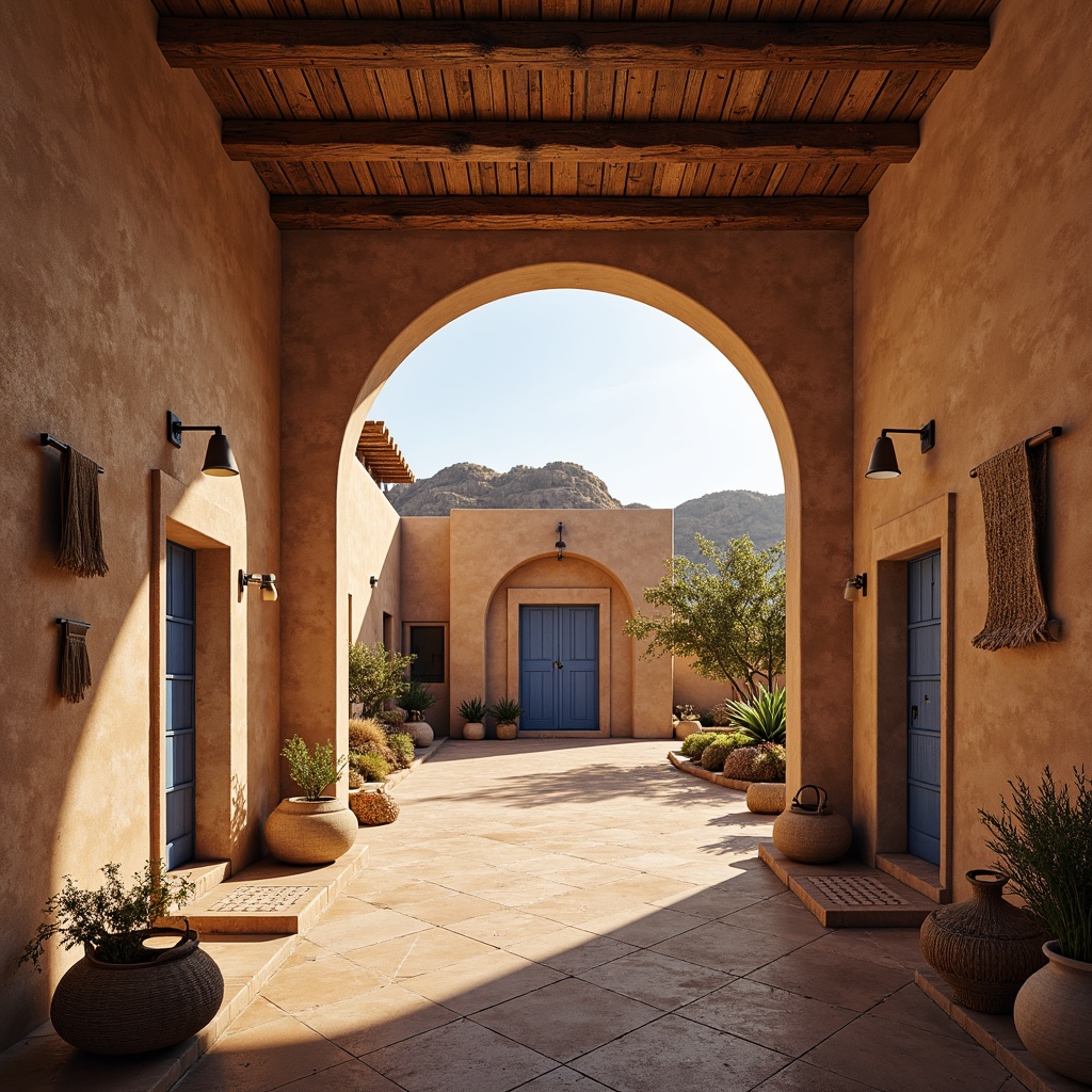 Prompt: Majestic adobe architecture, warm sandstone walls, indigo accentuated doors, rustic wooden beams, natural fiber textiles, woven baskets, earthy terracotta floors, desert landscape, vast open skies, warm golden lighting, soft shadows, 1/1 composition, intimate focal length, realistic textures, ambient occlusion.