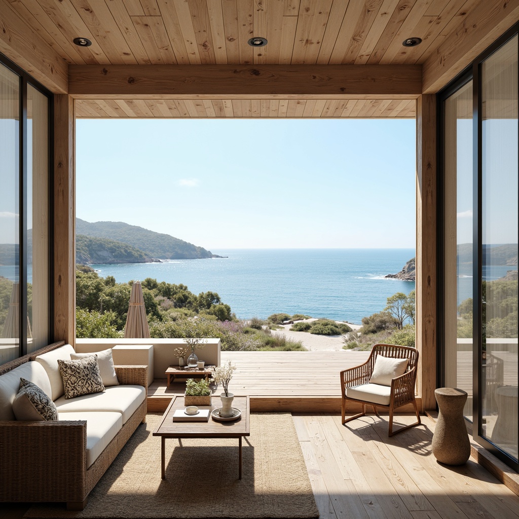 Prompt: Calming coastal penthouses, oceanfront views, soft sandy beaches, seashell-inspired accents, driftwood furniture, natural woven textiles, soothing blues, whites, and creams, warm beige tones, rustic wooden decks, floor-to-ceiling windows, sliding glass doors, panoramic ocean views, sunny morning light, gentle sea breeze, shallow depth of field, 1/1 composition, realistic wood textures, ambient occlusion.