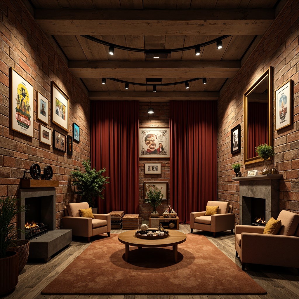 Prompt: Rustic cinema interior, reclaimed wood walls, distressed brick surfaces, exposed concrete ceilings, industrial metal beams, vintage movie posters, dim warm lighting, cozy plush armchairs, rich velvet curtains, wooden floorboards, stone fireplaces, earthy color palette, natural textiles, woven baskets, decorative vintage cameras, film reel decorations, softbox lights, 2.35