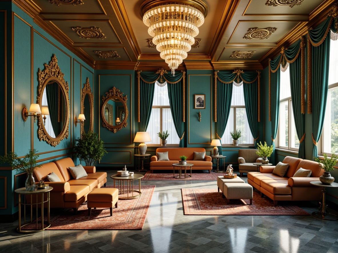 Prompt: Luxurious Art Deco interior, powder blue accent walls, metallic gold ornaments, geometric patterns, ornate mirrors, lavish furnishings, velvet drapes, marble floors, crystal chandeliers, opulent textiles, rich jewel tones, warm golden lighting, shallow depth of field, 1/2 composition, symmetrical arrangement, high-contrast colors, realistic reflections.