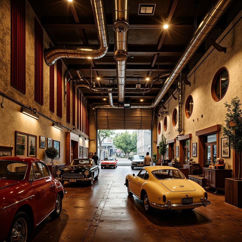 Prompt: Opulent garage interior, sinuous curved lines, flowing organic shapes, lavish ornaments, intricate metalwork, warm golden lighting, rich wood tones, luxurious velvet fabrics, ornate tile patterns, vintage car displays, nostalgic memorabilia, distressed finishes, industrial chic accents, exposed ductwork, polished chrome details, soft focus blur, shallow depth of field, 2/3 composition, symmetrical framing.