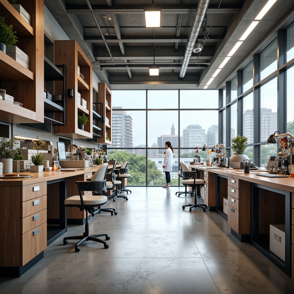 Prompt: Elegant laboratory interior, wooden workbenches, metal shelving units, futuristic scientific equipment, ergonomic stools, adjustable desks, ample natural light, large windows, glass partitions, minimalist decor, neutral color palette, industrial-style lighting, soft shadows, shallow depth of field, 3/4 composition, panoramic view, realistic textures, ambient occlusion.