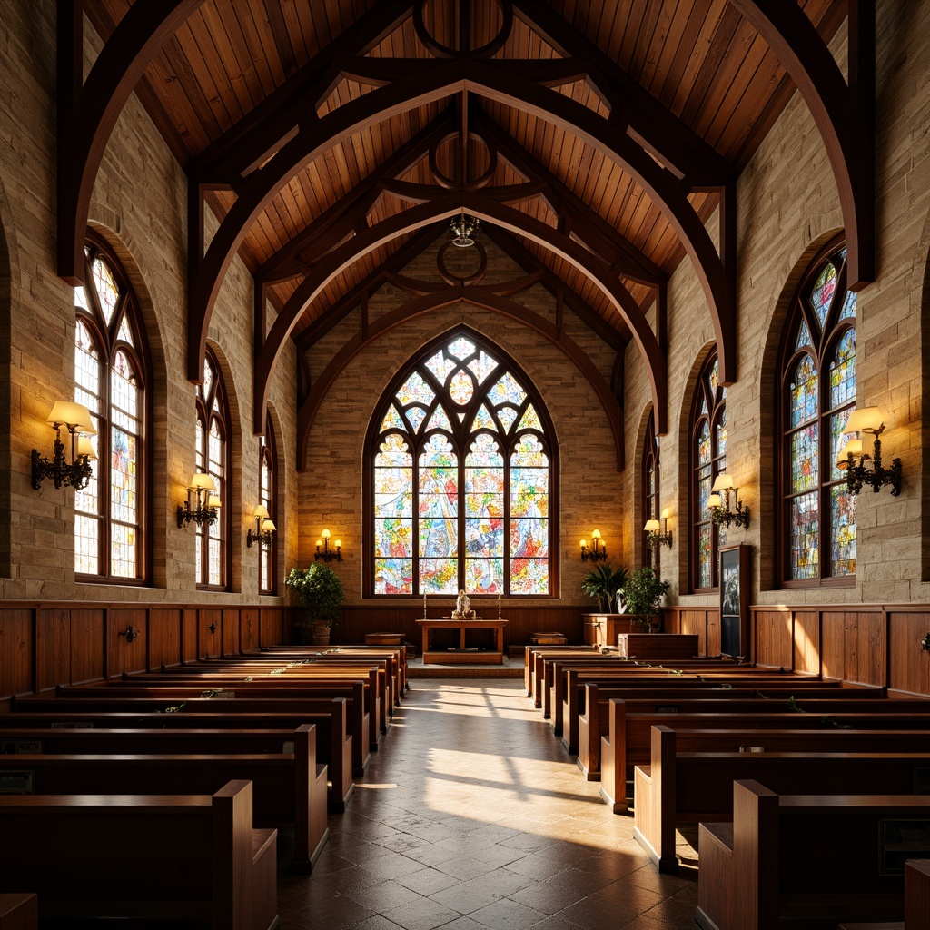 Prompt: Rustic church interior, warm wooden accents, natural stone walls, vaulted ceilings, grandiose stained glass windows, vibrant colored patterns, intricate geometric designs, soft diffused lighting, serene atmosphere, traditional Christian symbols, ornate metal fixtures, distressed wood textures, earthy color palette, cozy pews, rustic chandeliers, dramatic archways, symmetrical composition, warm golden lighting, realistic reflections.