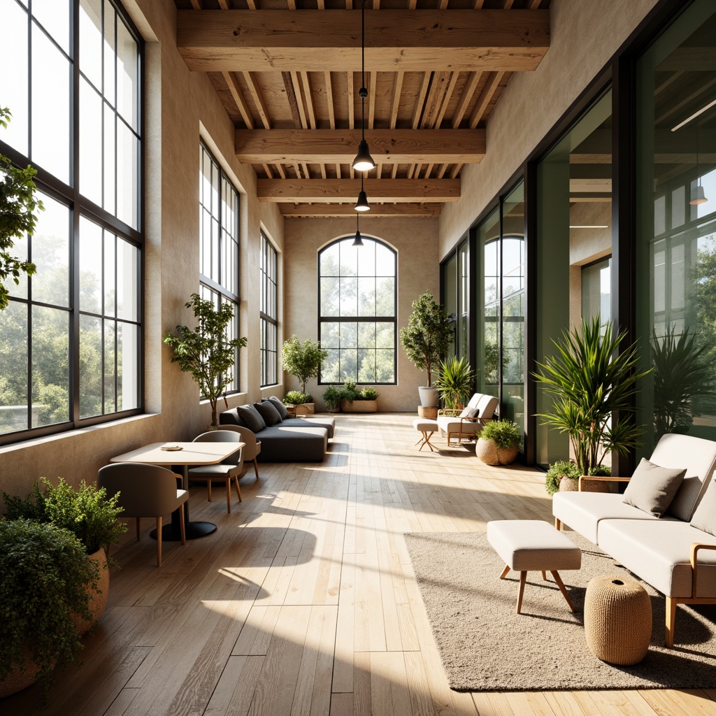 Prompt: Minimalist Scandinavian office, wooden accents, natural materials, floor-to-ceiling windows, abundant sunlight, warm beige tones, Nordic-inspired furniture, ergonomic chairs, collaborative workspaces, green walls, living plants, rustic wood floors, industrial-chic lighting fixtures, cozy breakout areas, acoustic panels, sound-absorbing textiles, calming color palette, organic shapes, functional decor, airy atmosphere, shallow depth of field, 2/3 composition, soft warm lighting, realistic textures.