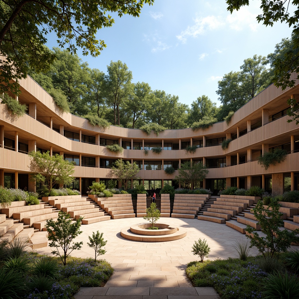 Prompt: Vibrant amphitheater, majestic curves, lush greenery, natural stone seating, wooden accents, earthy tones, warm beige, soft sienna, rich terracotta, cool grey, calm blue, sunny day, soft warm lighting, shallow depth of field, 3/4 composition, panoramic view, realistic textures, ambient occlusion.