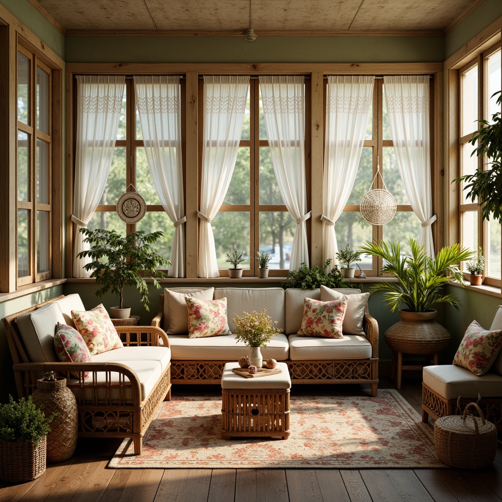 Prompt: Vintage sunroom, distressed wooden frames, lace curtains, soft pastel hues, floral patterns, velvet pillows, linen upholstery, rattan furniture, natural fiber rugs, woven baskets, macrame wall hangings, ornate metal accents, warm golden lighting, shallow depth of field, 1/1 composition, intimate atmosphere, realistic textures, ambient occlusion.