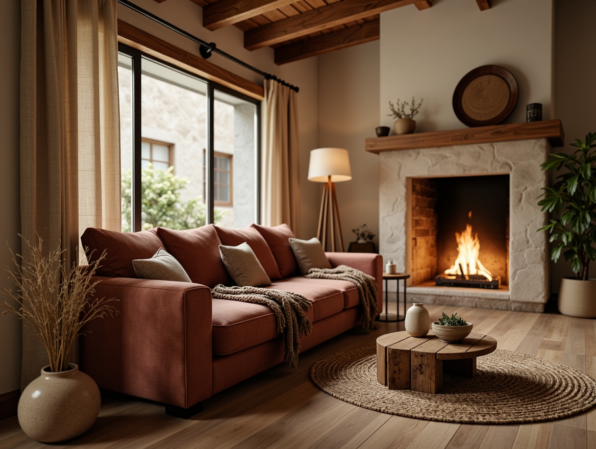 Prompt: Cozy living room, plush velvet sofa, soft woven rug, chunky knit throw blanket, natural wood coffee table, earthy tone ceramic vase, warm beige wall paint, textured linen curtains, rustic stone fireplace, crackling fire, warm ambient lighting, shallow depth of field, 1/1 composition, inviting atmosphere, realistic fabric textures, subtle shading effects.