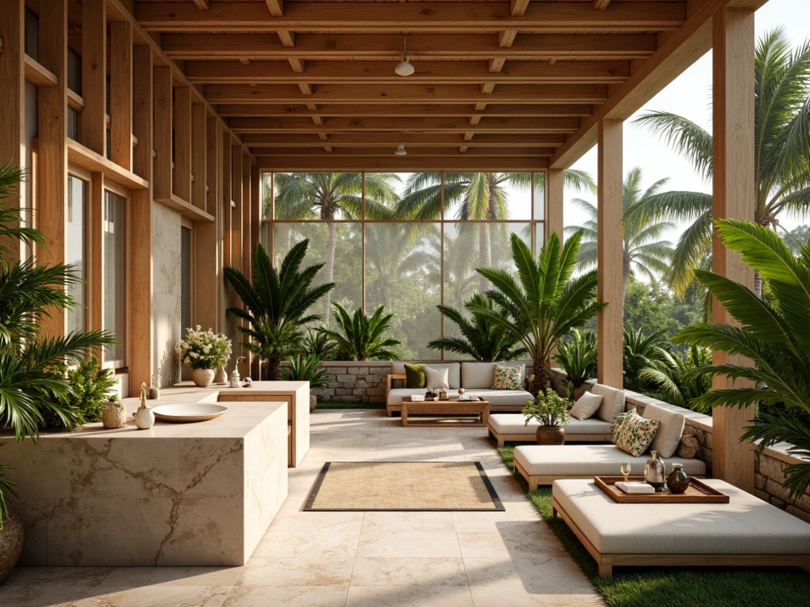 Prompt: Rich wood accents, natural stone floors, warm beige walls, lush greenery, exotic palm trees, vibrant floral patterns, tropical leaf-inspired textiles, elegant brass fixtures, creamy white marble countertops, soft warm lighting, subtle texture overlays, realistic wood grain details, 1/1 composition, shallow depth of field, panoramic view.