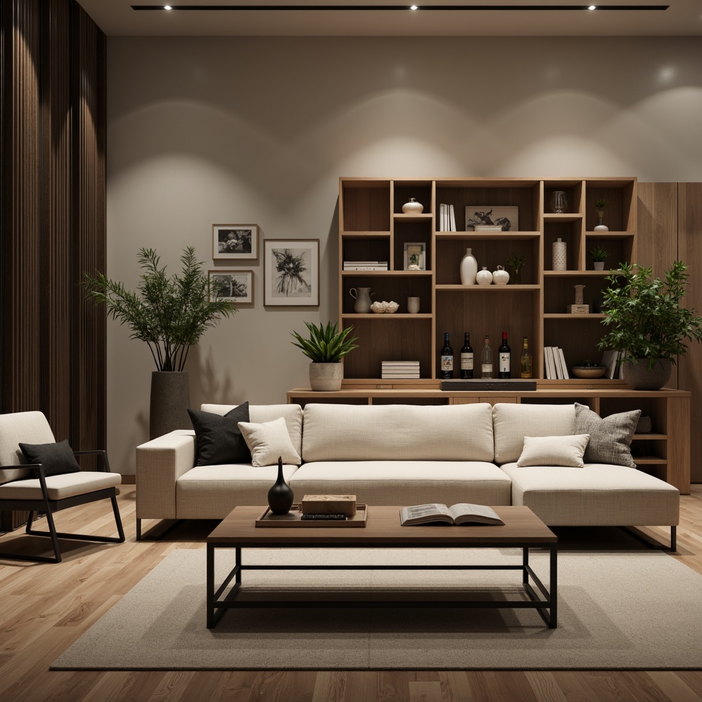 Prompt: Modern living room, sleek sofa, minimalist coffee table, industrial metal legs, comfortable cushions, soft warm lighting, cozy atmosphere, functional storage units, wall-mounted shelves, decorative vases, greenery plants, natural wood floors, neutral color palette, 3/4 composition, shallow depth of field, realistic textures, ambient occlusion.