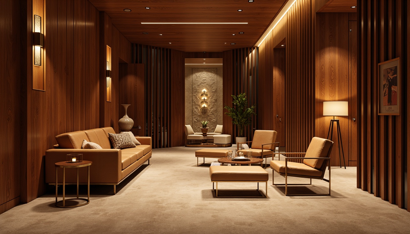 Prompt: Walnut wood paneling, rich brown leather seats, polished chrome accents, warm beige carpeting, natural stone walls, mid-century modern architecture, curved lines, geometric patterns, ambient lighting, soft warm glow, 1/1 composition, realistic textures, subtle reflections, sophisticated atmosphere, elegant chandeliers, minimal ornamentation, functional design, acoustic paneling, sound-absorbing materials, intimate seating arrangement.