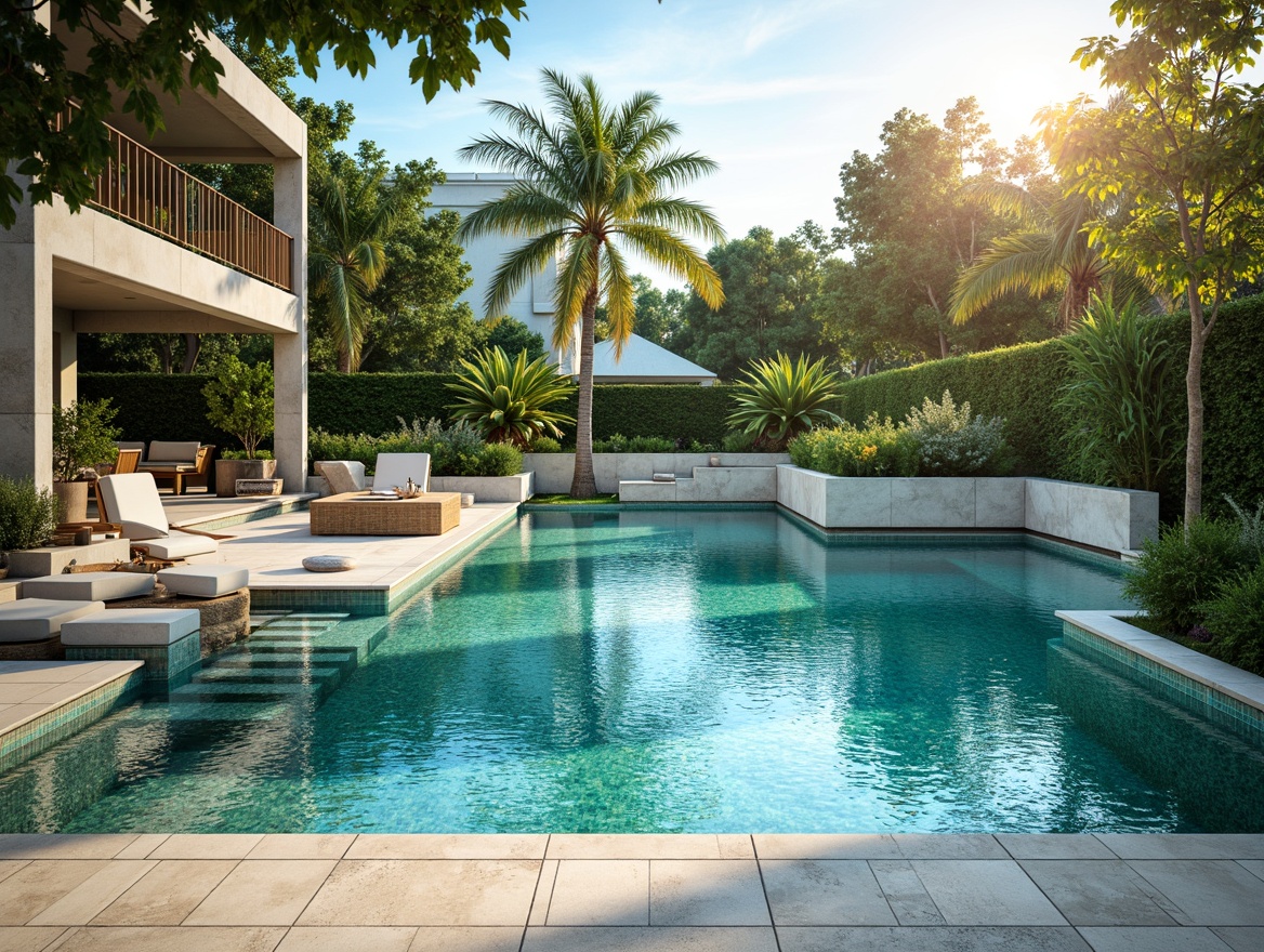 Prompt: Sparkling swimming pool, turquoise water, glossy ceramic tiles, natural stone coping, sleek glass bead finishes, iridescent mosaics, shimmering mother-of-pearl inlays, luxurious pebblecrete decks, tropical palm trees, sunny summer day, warm golden lighting, shallow depth of field, 1/2 composition, realistic reflections, ambient occlusion.