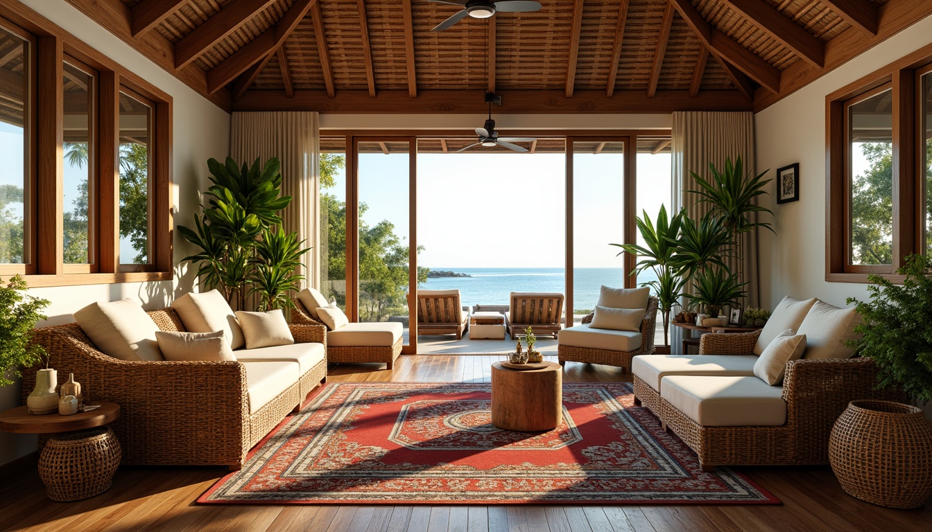 Prompt: Tropical family room, exotic hardwood flooring, warm beige tones, rich walnut accents, plush area rugs, vibrant greenery, lush plants, natural stone walls, woven rattan furniture, colorful tribal patterns, soft golden lighting, shallow depth of field, 1/1 composition, cozy reading nook, comfortable seating areas, refreshing ocean views, sunny day, tropical breeze, realistic wood textures, ambient occlusion.