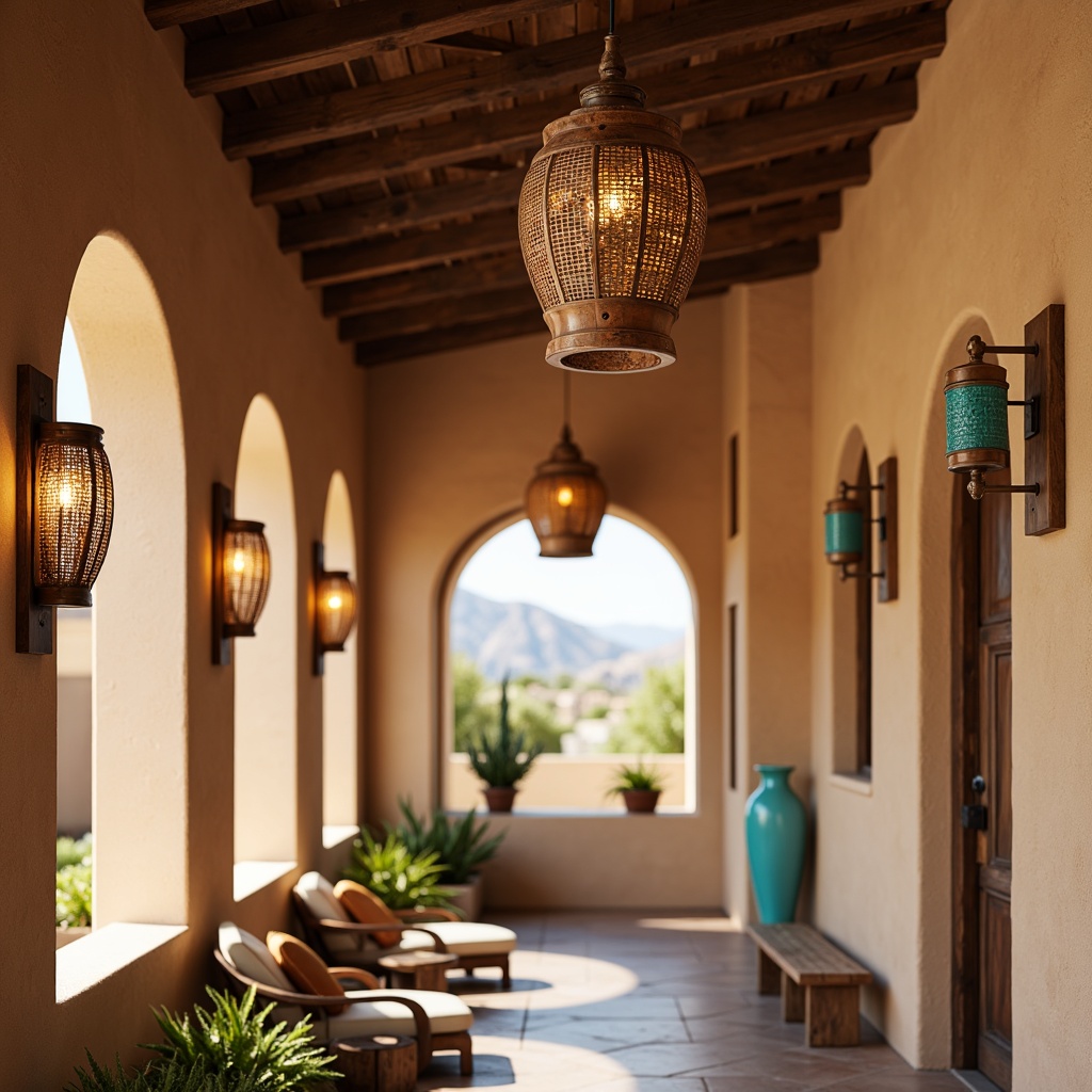 Prompt: Warm lanterns, rustic metal chandeliers, earthy terracotta pendant lights, woven wicker sconces, natural linen shades, distressed wood accents, turquoise glass details, Southwestern-inspired geometric patterns, vibrant color schemes, warm beige stucco walls, Spanish-style archways, desert landscape views, sunny afternoon light, soft warm glow, shallow depth of field, 3/4 composition, realistic textures, ambient occlusion.