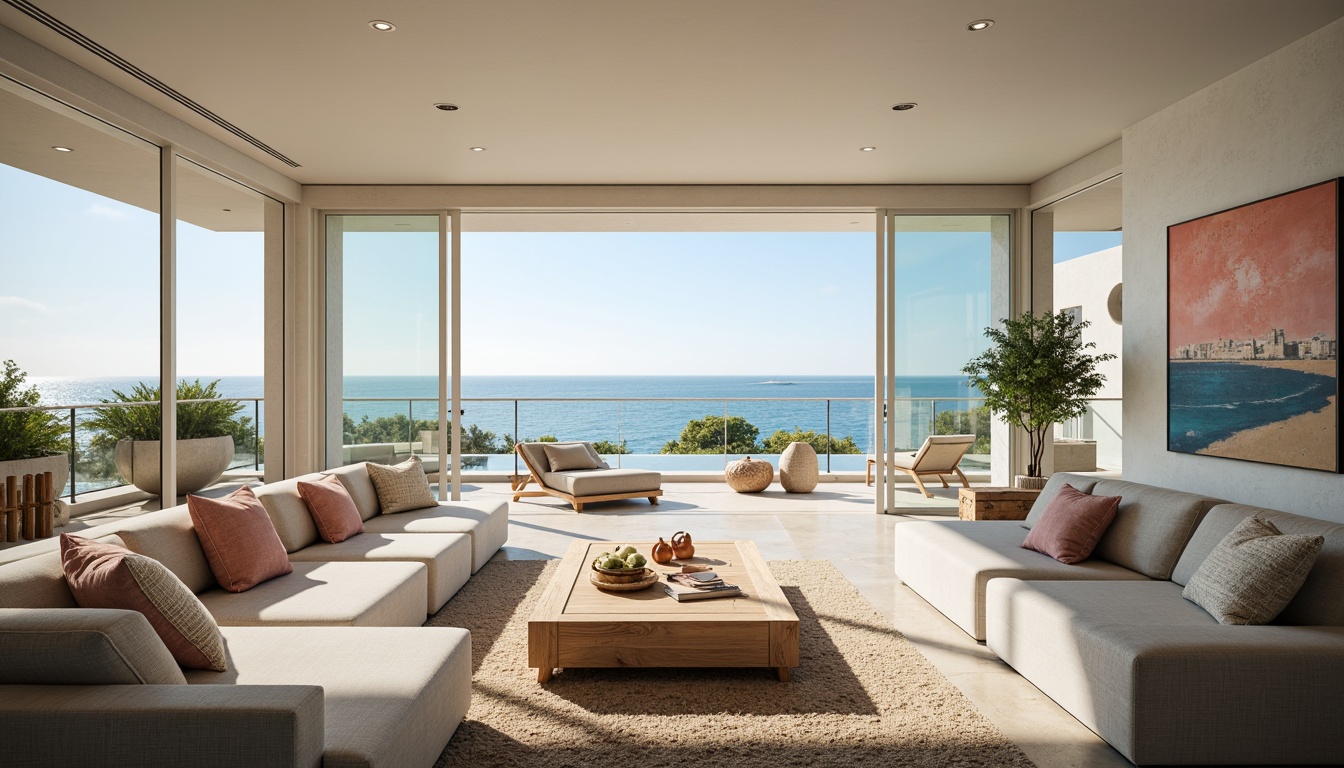 Prompt: Coastal penthouse, oceanfront views, calming beachy vibes, soft sandy neutrals, seafoam greens, driftwood grays, coral pinks, nautical blues, natural textiles, woven fibers, wooden accents, minimalist decor, floor-to-ceiling windows, sliding glass doors, modern coastal architecture, sleek lines, open-plan living spaces, seaside-inspired furniture, ocean-breeze color scheme, warm sunny lighting, shallow depth of field, 1/2 composition, panoramic views, realistic textures.