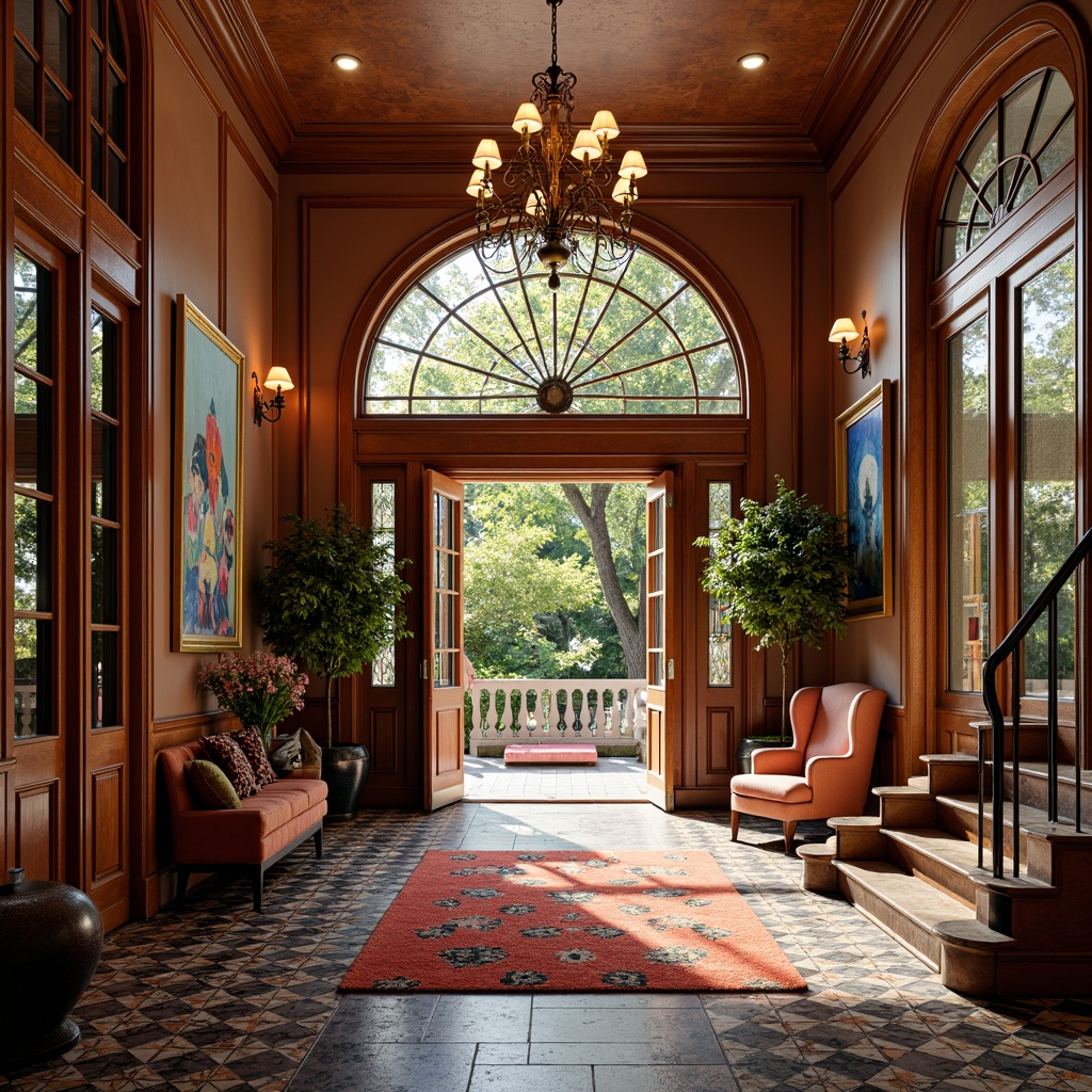 Prompt: Vibrant entrance hall, eclectic mix of styles, ornate wooden doors, bronze metalwork, stained glass windows, colorful tile floors, plush velvet furniture, abstract artwork, statement lighting fixtures, grand chandelier, curved staircase, rich wood paneling, bold patterned rugs, luxurious textiles, warm golden lighting, shallow depth of field, 1/1 composition, dramatic shadows, realistic reflections.