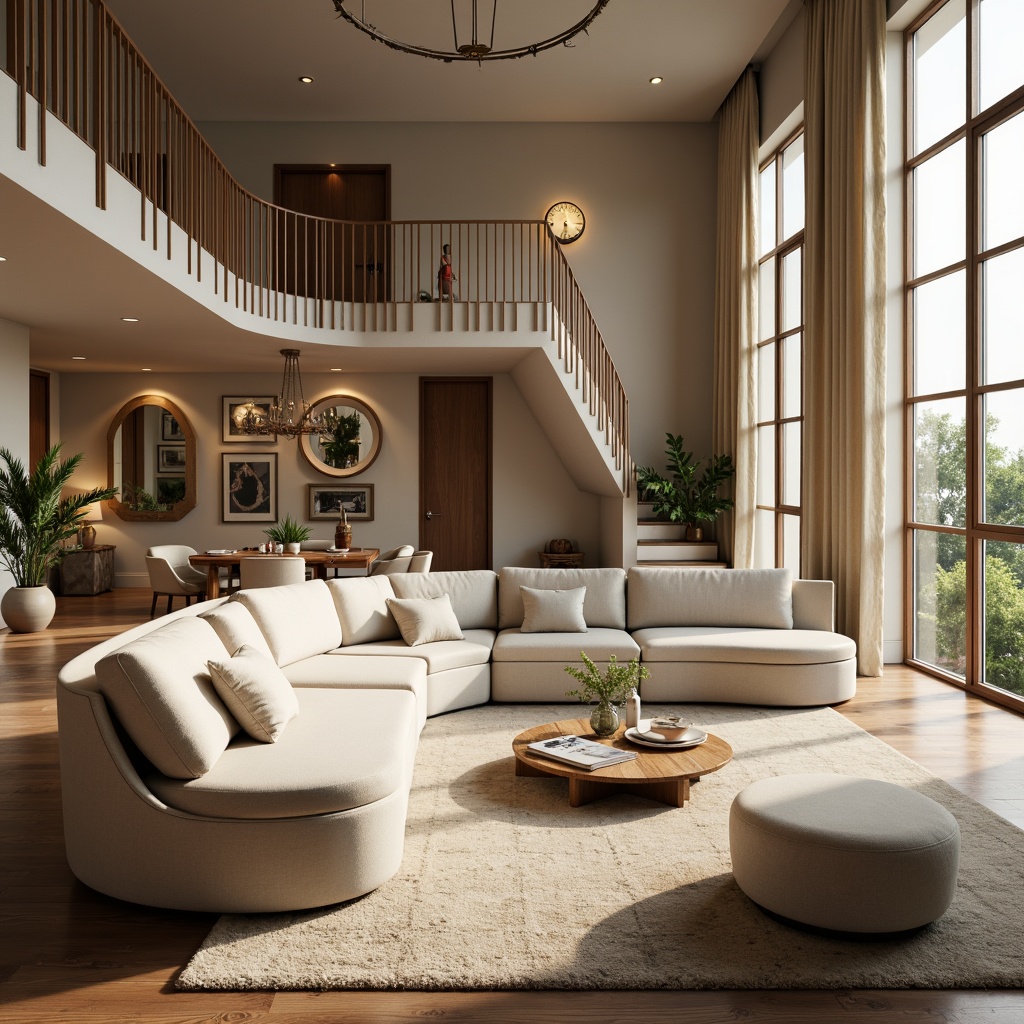 Prompt: Elegant living room, curved sofas, rounded coffee tables, smooth wooden floors, soft warm lighting, cozy atmosphere, natural fabrics, flowing drapes, circular mirrors, ornate metal fixtures, spiral staircase, organic shapes, minimalist decor, pastel color palette, morning sunlight, shallow depth of field, 1/1 composition, realistic textures, ambient occlusion.