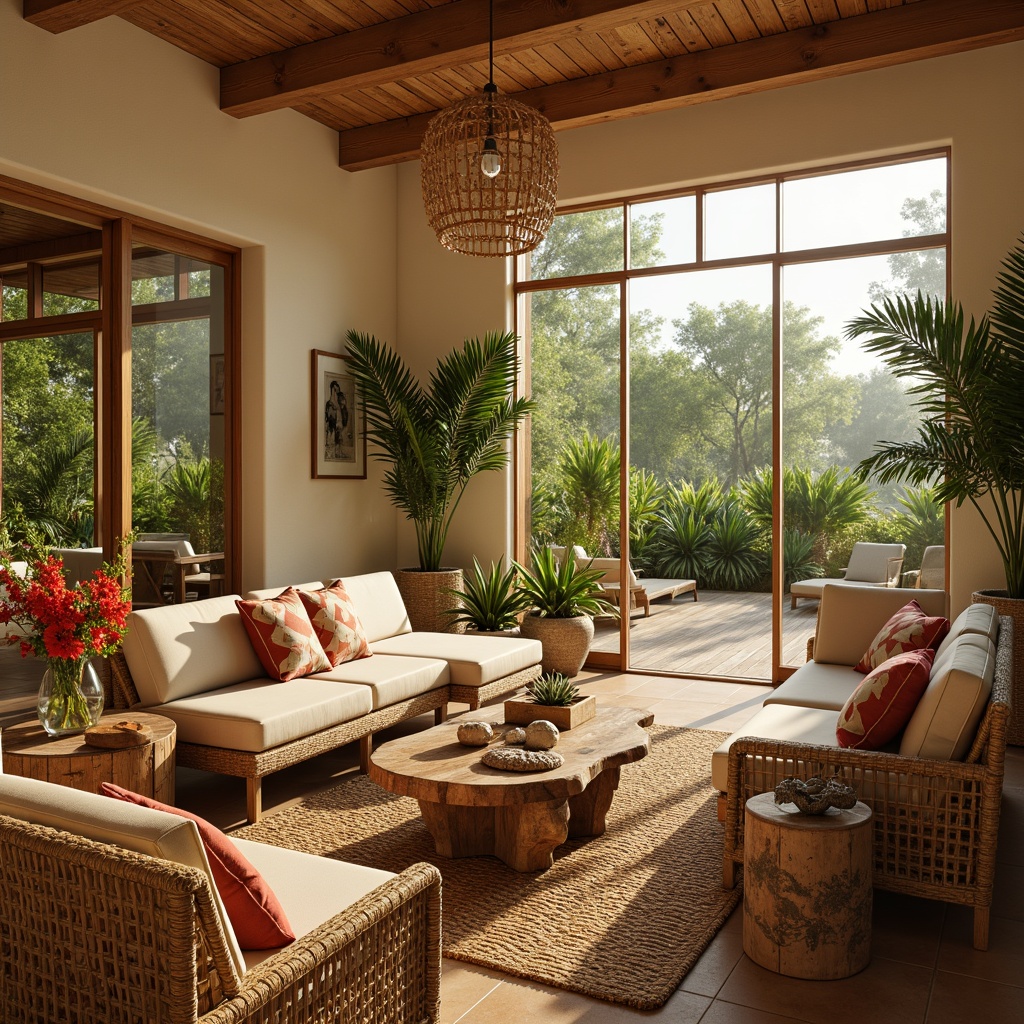 Prompt: Cozy tropical family room, warm golden lighting, soft diffused illumination, woven rattan furniture, plush cushions, vibrant greenery, exotic flower arrangements, natural wood accents, earthy terracotta flooring, cream-colored walls, large windows, sliding glass doors, ocean-inspired decorative accessories, shell-shaped ornaments, driftwood coffee tables, nautical-themed throw pillows, warm beige ceiling, ambient warm lighting, 1/2 composition, shallow depth of field, realistic textures.