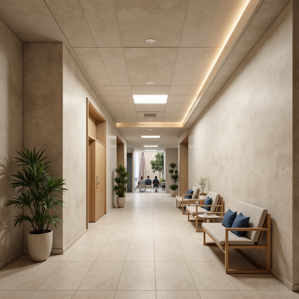 Prompt: Neutral-toned clinic interior, academic architectural style, smooth plaster walls, subtle texture finishes, soft warm lighting, minimalist decor, elegant wood accents, polished chrome fixtures, comfortable waiting areas, soothing color schemes, calming atmosphere, serene ambiance, shallow depth of field, 3/4 composition, realistic textures, ambient occlusion.