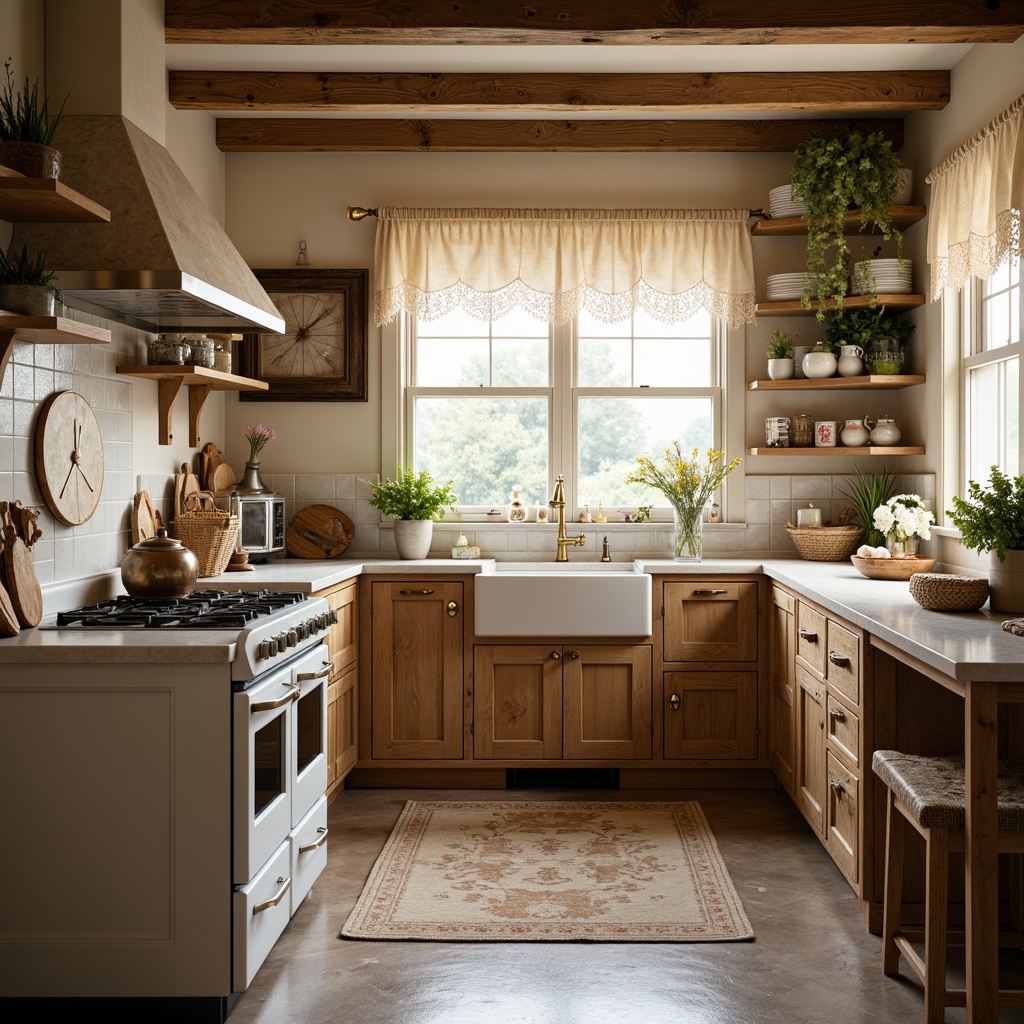 Prompt: Rustic kitchen, distressed wooden cabinets, vintage-inspired appliances, soft warm lighting, natural linen fabrics, lace trimmings, ruffled curtains, floral patterns, pastel colors, woven baskets, antique furniture, ornate metal hardware, earthy tones, warm beige walls, creamy white countertops, traditional English country style, cozy atmosphere, inviting decor, delicate china displays.