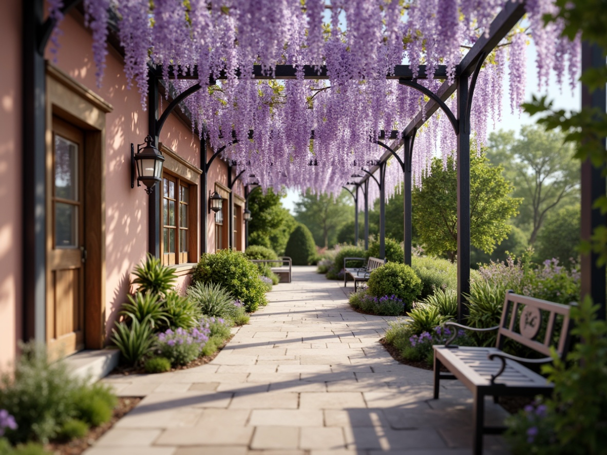 Prompt: Soft lavender Wisteria flowers, delicate petals, gentle swaying stems, warm sunny day, lush greenery, serene atmosphere, pastel color palette, soft peach tones, creamy whites, light grays, muted blues, elegant Victorian architecture, ornate ironwork, lace-like details, vintage garden benches, rustic stone pathways, subtle textures, natural lighting, shallow depth of field, 2/3 composition, intimate close-ups, realistic renderings, ambient occlusion.