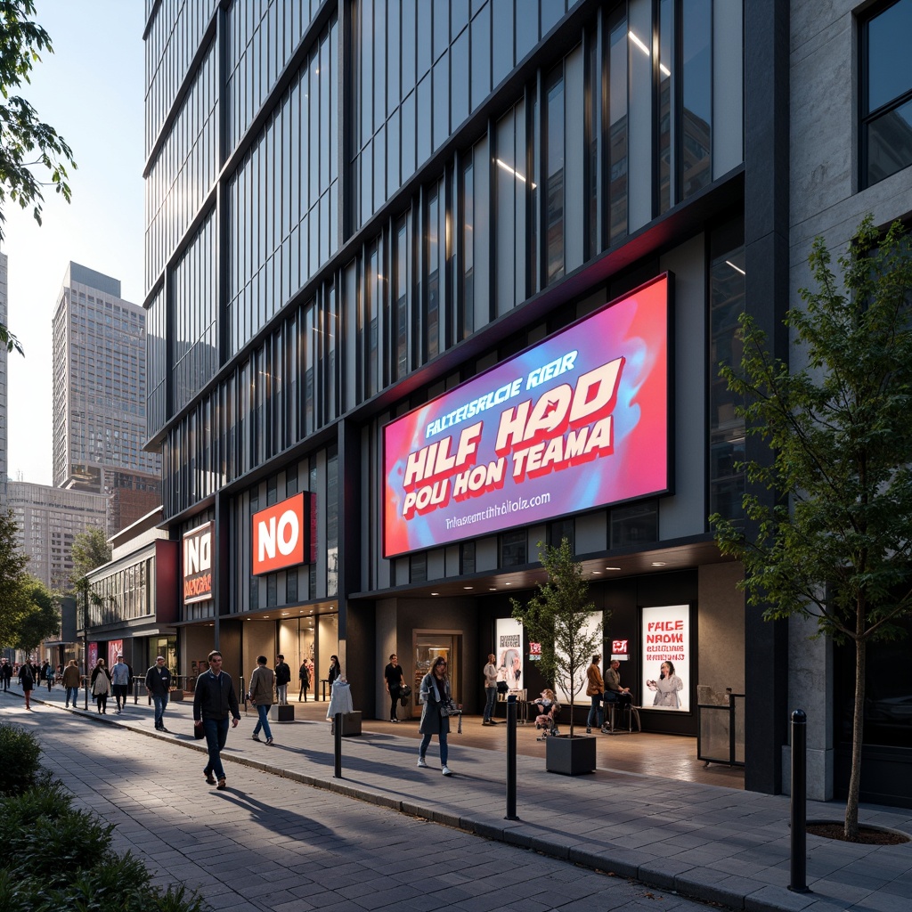 Prompt: Vibrant retail store front, bold font signage, LED display boards, modern minimalist architecture, sleek glass facades, polished metal frames, urban cityscape, bustling streets, morning sunlight, shallow depth of field, 1/2 composition, realistic reflections, ambient occlusion.