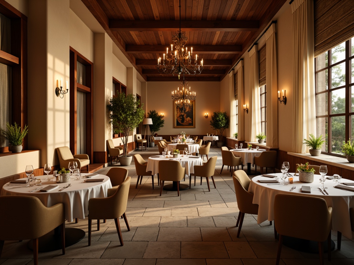 Prompt: Warm dining area, rich wood tones, earthy brown furniture, soft cream accents, calming beige walls, elegant chandeliers, luxurious velvet drapes, natural stone flooring, warm golden lighting, inviting atmosphere, 1/1 composition, shallow depth of field, realistic textures, ambient occlusion.