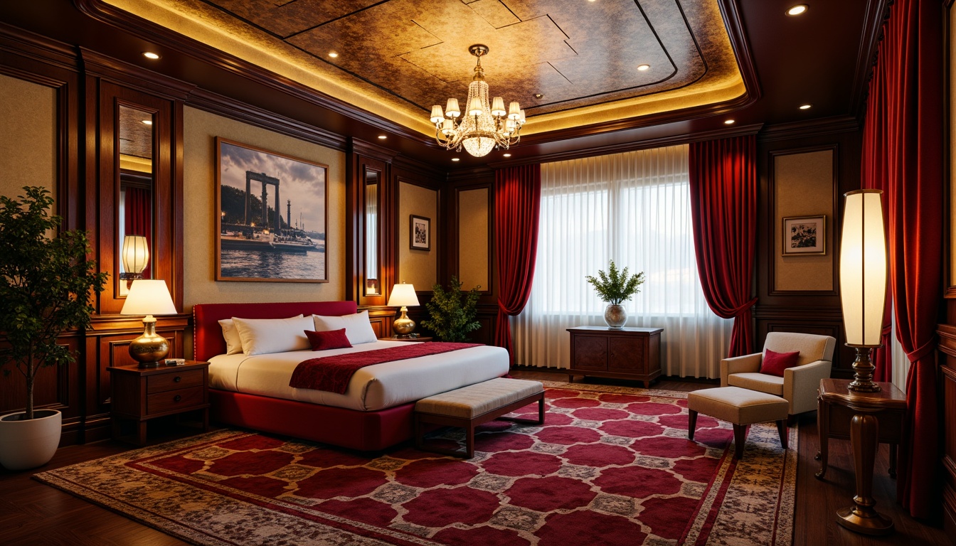 Prompt: Luxurious Art Deco bedroom, rich velvet fabrics, metallic accents, ornate patterns, geometric shapes, bold color blocking, glamorous chandeliers, statement furniture pieces, lavish textiles, opulent drapery, vintage posters, sophisticated ambiance, warm golden lighting, soft focus, shallow depth of field, 1/2 composition, elegant lines, refined details, high-contrast colors.