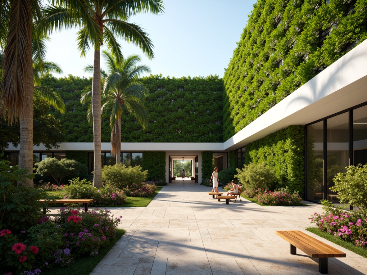 Prompt: Tropical courthouse exterior, lush green walls, vibrant hibiscus flowers, swaying palm trees, natural stone walkways, wooden benches, modern tropical architecture, large glass windows, sliding doors, sunny day, soft warm lighting, shallow depth of field, 3/4 composition, panoramic view, realistic textures, ambient occlusion, tranquil water features, small ponds, fountain sounds, colorful exotic plants, fragrant blooming flowers, shaded outdoor spaces, misting systems.