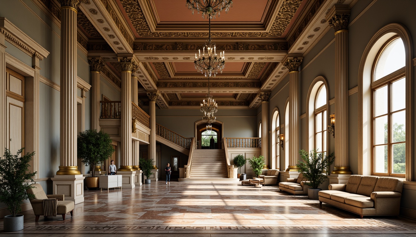 Prompt: Grandiose great room, ornate molding details, neoclassical columns, intricate ceiling patterns, elegant chandeliers, polished marble floors, richly textured fabrics, sophisticated color palette, refined furnishings, stately proportions, dramatic archways, majestic staircase, lavish wall treatments, subtle lighting effects, 1/1 composition, symmetrical arrangement, ornate gold accents, luxurious atmosphere, afternoon soft light, shallow depth of field.