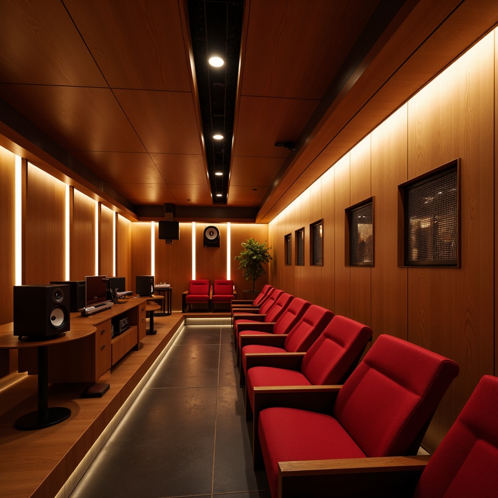 Prompt: Intimate auditorium, mid-century modern design, wooden paneling, warm ambient lighting, curved lines, minimalist decor, plush red velvet seats, polished chrome accents, state-of-the-art sound systems, professional audio equipment, acoustic panels, soundproofing materials, natural wood tones, cozy atmosphere, soft warm glow, shallow depth of field, 3/4 composition, panoramic view, realistic textures, ambient occlusion.