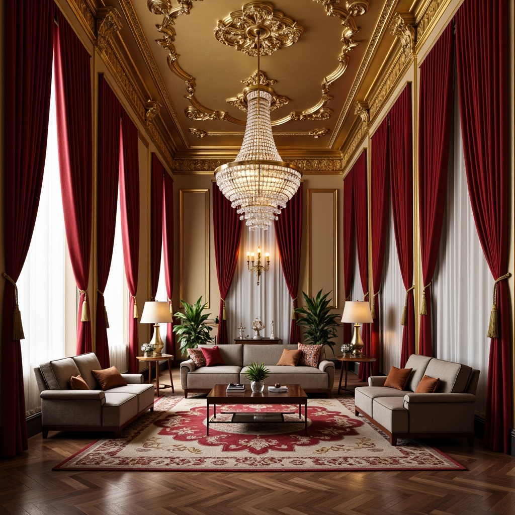 Prompt: Rich velvet drapes, luxurious golden accents, ornate moldings, crystal chandeliers, lavish furnishings, intricate patterns, warm beige walls, deep crimson reds, emerald greens, navy blues, bronze metallic tones, soft warm lighting, cinematic shadows, high-contrast ratios, 1/2 composition, symmetrical framing, opulent textures, realistic reflections.