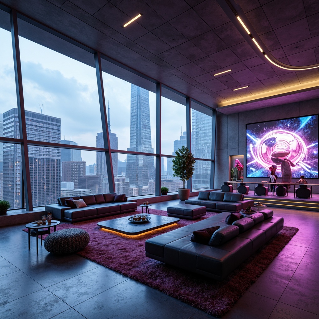 Prompt: Futuristic great room, curved lines, minimalist decor, sleek low-profile furniture, metallic accents, holographic displays, ambient LED lighting, plush area rugs, abstract art pieces, futuristic sculptures, floor-to-ceiling windows, cityscape views, modernist architecture, polished concrete floors, neon color scheme, retro-futuristic patterns, 3D-printed decorative elements, levitating coffee tables, ergonomic seating, virtual reality integration, panoramic view, shallow depth of field.