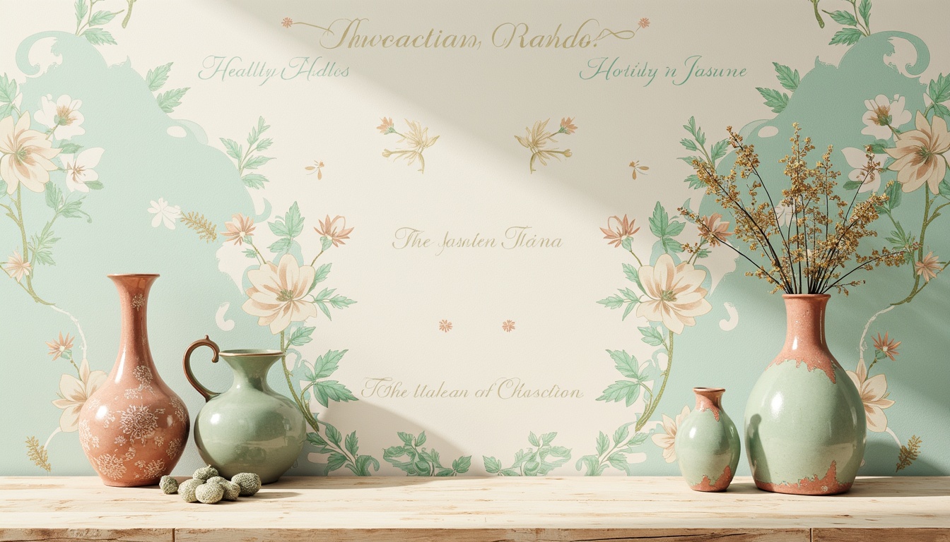 Prompt: Pastel celadon hues, soft peach undertones, creamy whites, warm beige accents, delicate mint greens, gentle lavender shades, subtle gold metallic, ornate ceramic vases, distressed wood textures, vintage floral patterns, elegant script typography, whimsical watercolor illustrations, dreamy atmospheric lighting, shallow focus, 1/2 composition, intimate close-ups, soft diffused shadows.