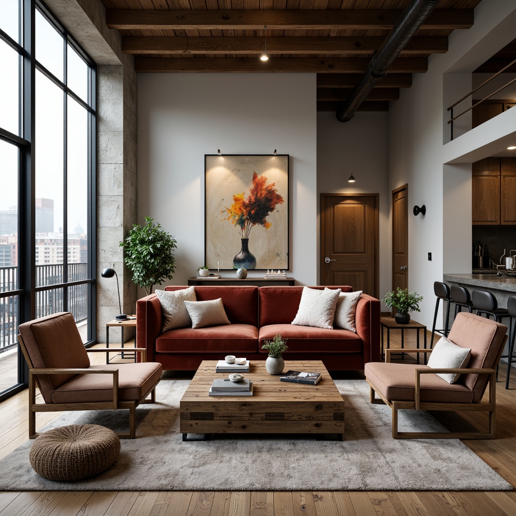 Prompt: Elegant living room, luxurious velvet sofa, reclaimed wood coffee table, minimalist metal chairs, floor-to-ceiling windows, natural light, urban loft atmosphere, industrial chic decor, rich textures, soft warm lighting, 1/1 composition, shallow depth of field, realistic rendering, ambient occlusion, cozy throw blankets, potted greenery, modern abstract artwork.