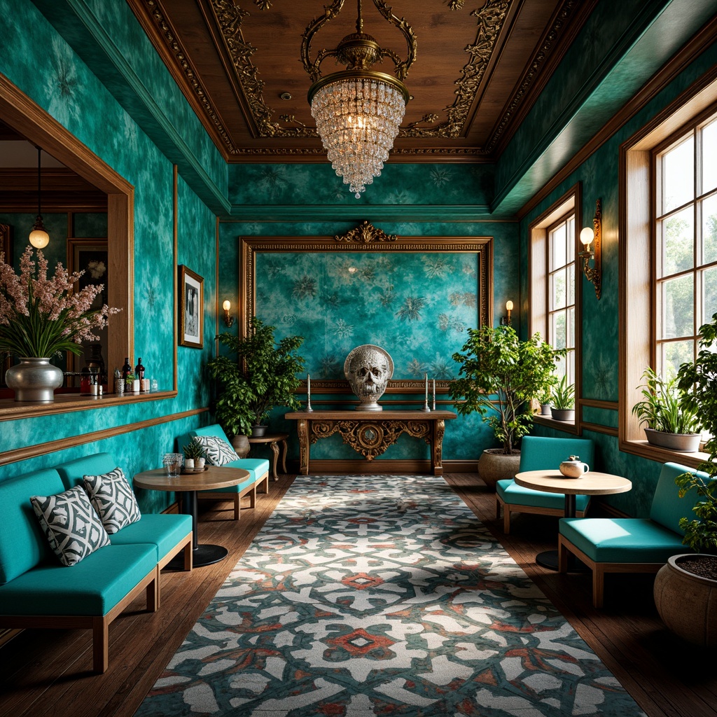 Prompt: Vibrant turquoise accents, glossy metallic coatings, iridescent glass mosaics, bold geometric patterns, sleek chrome fixtures, rich wood grain textures, abstract expressionist murals, ornate Baroque-inspired details, eclectic mix of vintage and modern furniture, oversized decorative mirrors, lavish crystal chandeliers, moody atmospheric lighting, shallow depth of field, 1/1 composition, dramatic high-contrast rendering, intricate ornamental carvings.