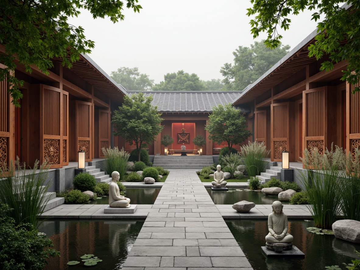 Prompt: Serenity-filled monastery courtyard, intricately carved wooden doors, tranquil water features, lush green bamboo gardens, peaceful Buddha statues, natural stone pathways, traditional Asian-inspired roofs, curved eaves, ornate lanterns, vibrant red accents, harmonious balance of yin and yang elements, gentle misty atmosphere, soft warm lighting, shallow depth of field, 2/3 composition, symmetrical framing, realistic textures, ambient occlusion.