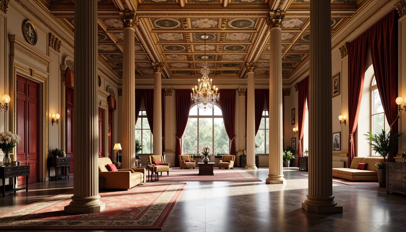 Prompt: Opulent neoclassical interior, ornate moldings, gilded details, intricate carvings, polished marble floors, grand chandeliers, luxurious fabrics, velvet drapes, crystal sconces, richly patterned rugs, stately columns, imposing archways, dramatic ceiling heights, soft warm lighting, 1/2 composition, shallow depth of field, realistic textures, ambient occlusion.