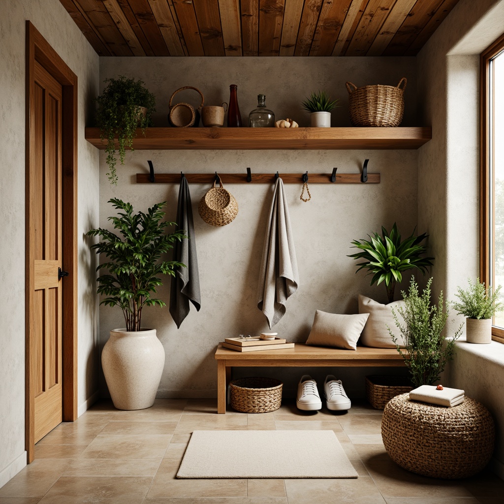 Prompt: Rustic mudroom, earthy tones, natural stone walls, wooden accents, warm beige flooring, vibrant greenery, industrial metal hooks, woven baskets, functional shelving units, cozy textiles, soft warm lighting, shallow depth of field, 3/4 composition, realistic textures, ambient occlusion.