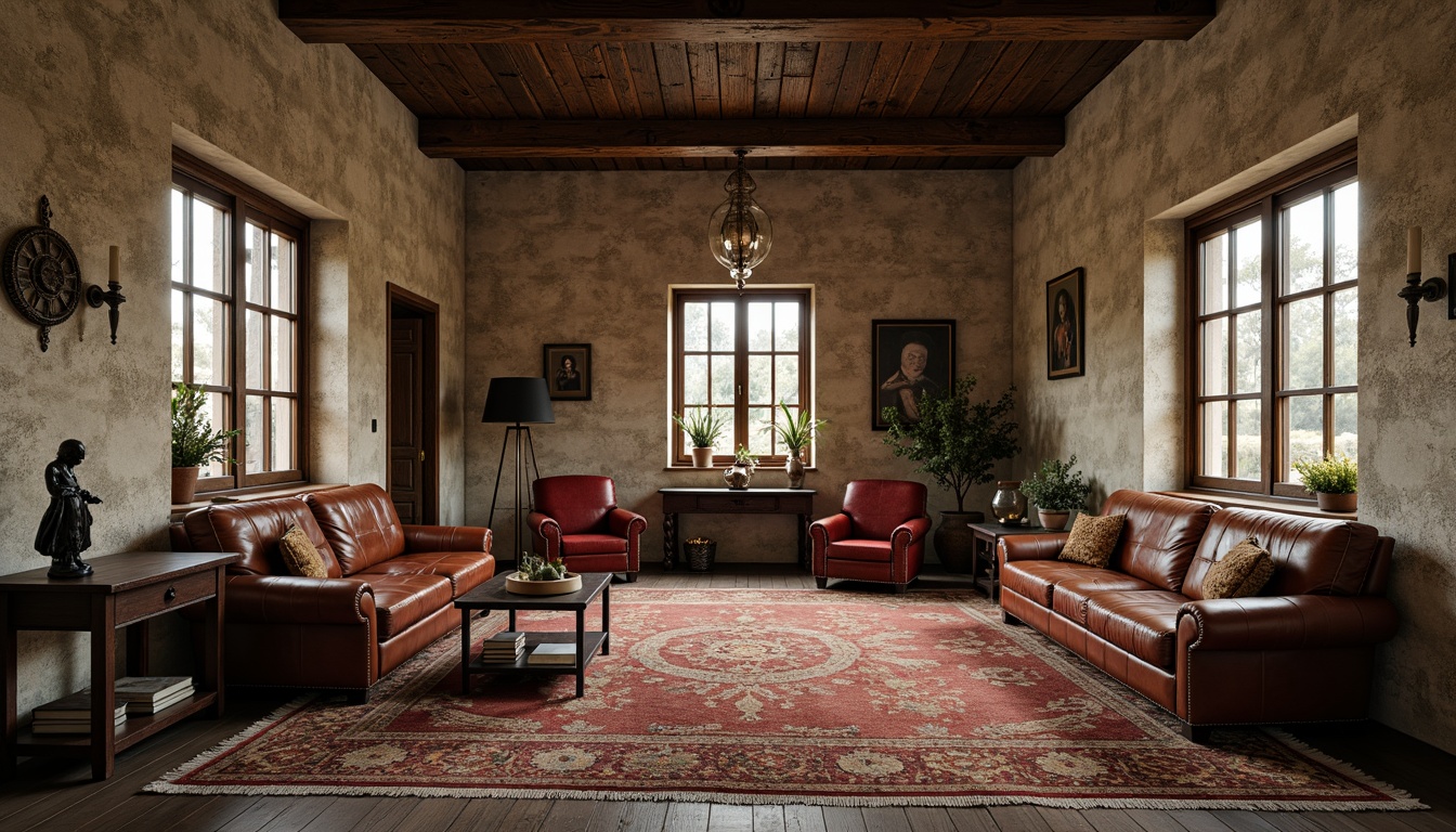 Prompt: Rustic stone walls, worn wooden floors, distressed metal accents, vintage leather furniture, soft velvet upholstery, intricately patterned rugs, natural fiber textiles, earthy color palette, warm ambient lighting, subtle shadowing, 1/2 composition, shallow depth of field, realistic material rendering.