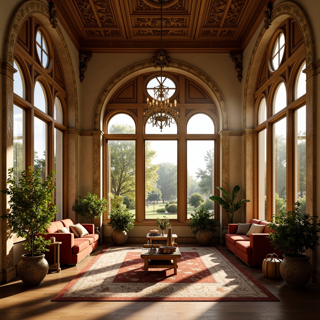 Prompt: Renaissance-style sunroom, high ceilings, ornate moldings, grand chandeliers, arched windows, natural light pouring in, warm golden tones, rich wood accents, plush velvet furnishings, intricately carved wooden panels, ornate metalwork, soft warm lighting, shallow depth of field, 1/1 composition, realistic textures, ambient occlusion.